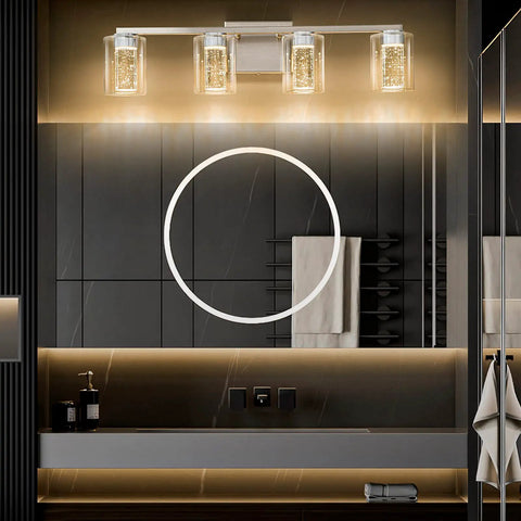 4 Light Brushed Nickel Vanity Light With 3 Color Modes 3000K 4000K 6500K Dimmable LED Bathroom Fixture installed over modern mirror