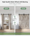 64-Inch Bi-Fold Sliding Barn Door Hardware Track Kit With Side Mounted Black J Shape Rollers shown in open and closed position