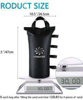 Heavy Duty Sand Bags for Canopy Legs showing size and weight, black 800D Oxford fabric bag holding 30 lbs.