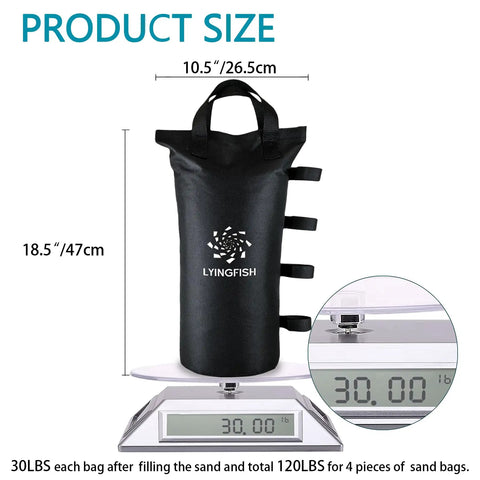 Heavy Duty Sand Bags for Canopy Legs showing size and weight, black 800D Oxford fabric bag holding 30 lbs.