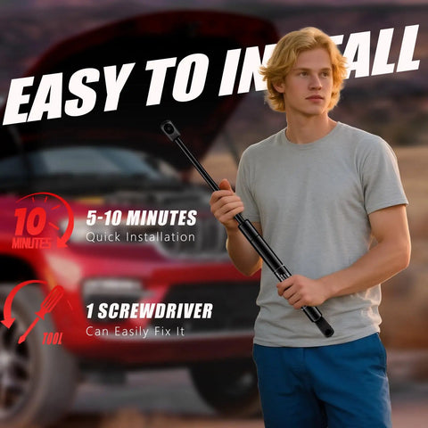 Man holding front hood lift support with Jeep Grand Cherokee in background, install time 5-10 minutes, one screwdriver needed.
