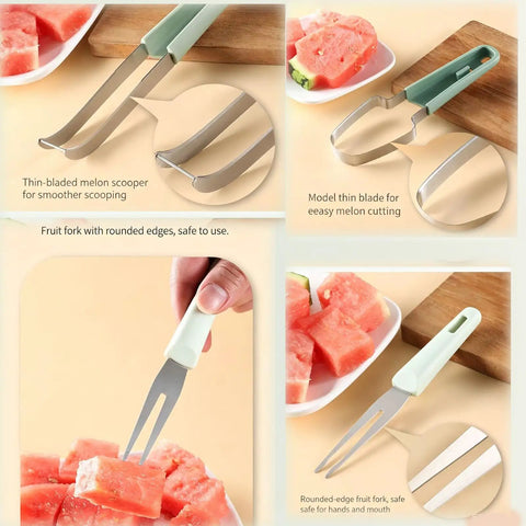 3 In 1 Stainless Steel Watermelon Slicer Set With Melon Scooper And Rounded Edge Fruit Fork, Portable Multifunction Tool