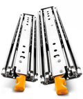 Tough As Nails Heavy Duty Locking Drawer Slide Rails With Full Extension Ball Bearing Side Mount Hardware For Workshop Tool Cabinets And Storage Shelves Supports Up To Eighty Inches Four Hundred Fifty Pound Capacity, shiny steel slides with orange release handle.