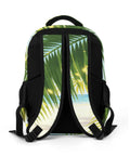 Sunlit Seaside Botanical Print Unisex Backpack showing back panel with breathable mesh and tropical pattern.