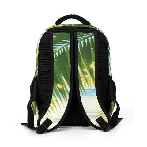Sunlit Seaside Botanical Print Unisex Backpack showing back panel with breathable mesh and tropical pattern.