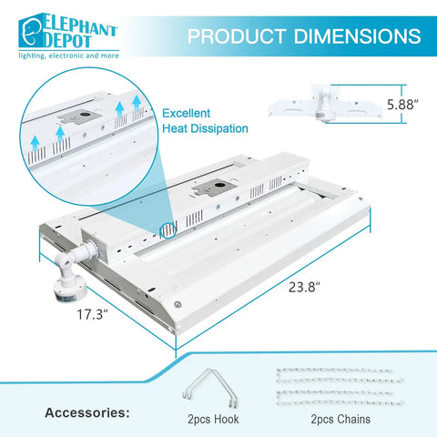 Heavy Duty Led Linear High Bay Workhorse With Motion Sensor, 210 Watt 2 Pack dimensions showing 23.8" x 17.3" x 5.88" for garages and warehouses.