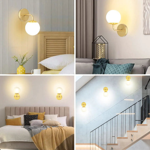 Gold Wall Sconces Set of Two With White Glass Globes Mid Century Brass Look Wall Lamps in bedroom, living room, stairway
