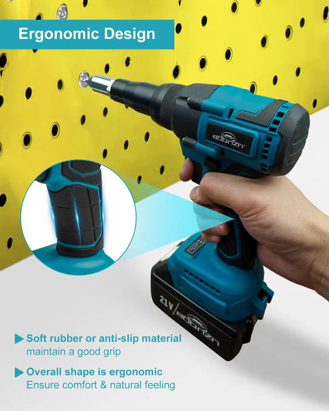 BOQNZN Cordless Rivet Gun Kit With Dual Rechargeable Batteries And Fast Charger For Auto Body Repair Metal Sheet Work One Click Electric Power Tool Easy On The Hands Heavy Duty Performance designed to grip securely while fastening rivets.