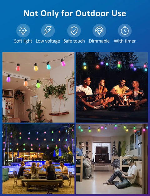 Four scenes featuring 48Ft RGB Outdoor String Lights with 15 Dimmable LEDs, App Control and Music Sync, ideal for various settings.