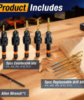 Front view of Lmutexyi 11‑pc countersink set; titanium-coated, 1/4" hex shank; 5 countersink and 5 replaceable bits.