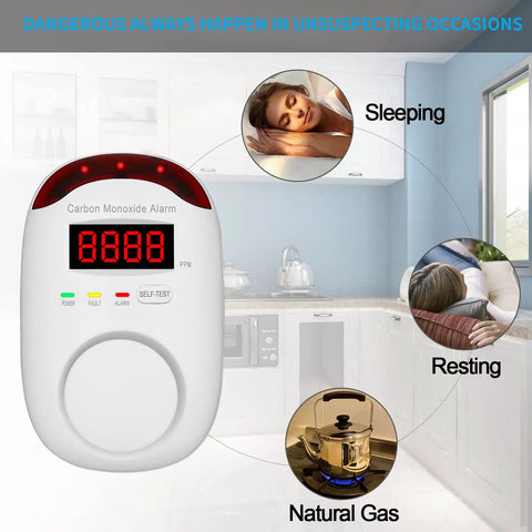 Plug In Carbon Monoxide Alarm With LED Display And Voice Alert in a kitchen, showing CO detector with icons of sleeping, resting, and natural gas.