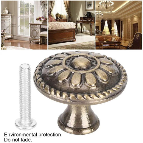 Retro Zinc Alloy Cabinet Pull Handles Set, 10 Pack, 17x10x9, Antique Brass Finish, with floral design and screw shown