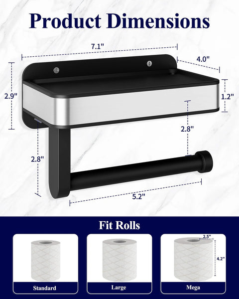 Toilet Paper Holder With Top Shelf And Phone Storage Adhesive And Screw Wall Mount Matte Black Bathroom Organizer For Washroom And RV Space Saving 7 Point 1 Inch Wide, dimensions diagram.