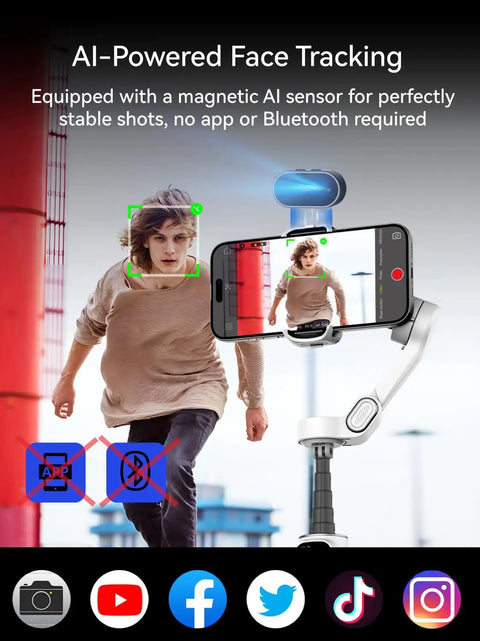 3 Axis Phone Gimbal With AI Tracking Sensor capturing person running, OLED screen shows live footage, ideal for vlogs and action shots