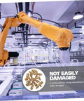 Industrial setting with robotic arm and inset of Complete 60-Piece Grease Fitting Kit SAE To 4-28, Straight, 45 Degree And 90 Degree Angles.