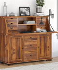 Wooden dresser with drawers and shelves near window, various items on top, Solid Wood Furniture Legs Set With L Shaped Bed Risers visible.