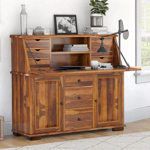 Wooden dresser with drawers and shelves near window, various items on top, Solid Wood Furniture Legs Set With L Shaped Bed Risers visible.