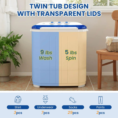 Compact Portable Washing Machine Mini Washer And Spin Dryer Combo 14 Lbs Twin Tub with transparent lids for wash and spin.