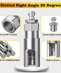 Slotted right angle 90 degree grease coupler with carbon steel material, grease nipple connector, and slide-in groove.