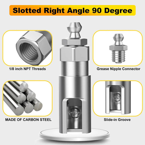 Slotted right angle 90 degree grease coupler with carbon steel material, grease nipple connector, and slide-in groove.