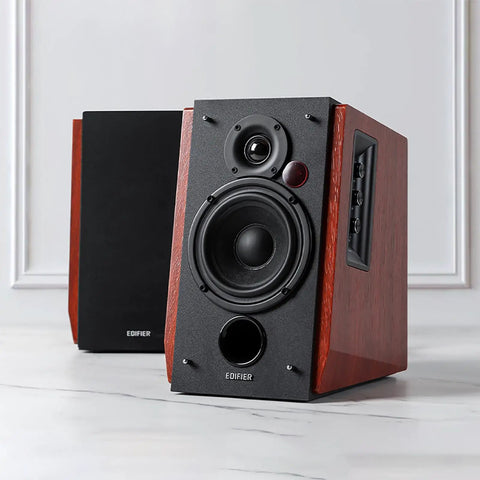 R1700BTs Wireless Bluetooth Bookshelf Speakers With AptX HD And Sub Output 2.0 Studio Monitors with wood finish and control panel