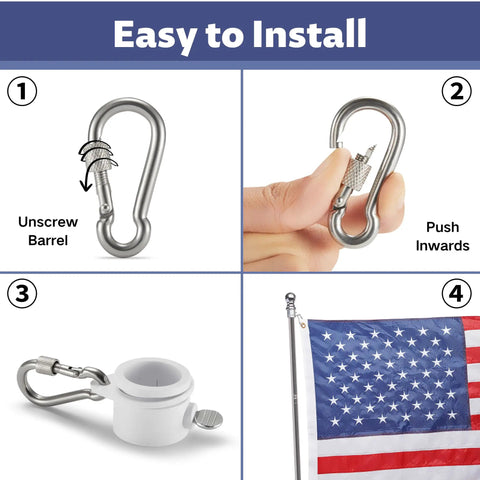 Easy install guide for Heavy Duty Flag Pole Carabiner Clips With Locking Nut 4 Pack Stainless Steel M5 Snap Hooks Replacement Clip