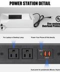 Power station detail for desk with outlets and USB ports, part of the undermount drawer locker, sleek design, fire-resistant.