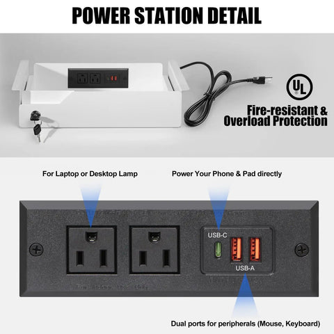 Power station detail for desk with outlets and USB ports, part of the undermount drawer locker, sleek design, fire-resistant.