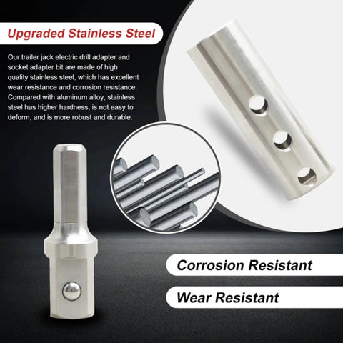 Heavy Duty Stainless Steel Trailer Jack Drill Adapter Fits 1 Inch Jack Shaft With 1/2 Inch Socket Quick Swap Design, corrosion resistant.