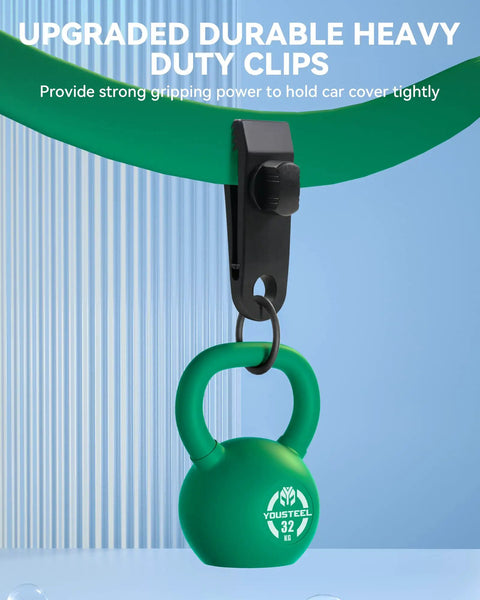 Beefy Heavy Duty Car Cover Clips Kit with Spiral Thumb Screws holding 32 lb weight, showcasing strong grip on green fabric.