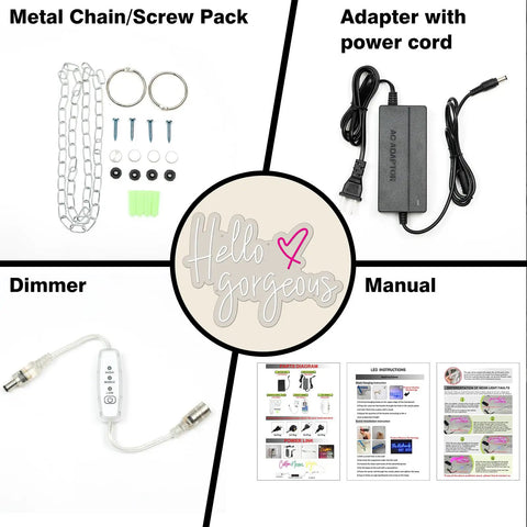 Hello Gorgeous Pink Neon Sign Light kit with metal chain, adapter, dimmer, and manual for home decor and party vibes.