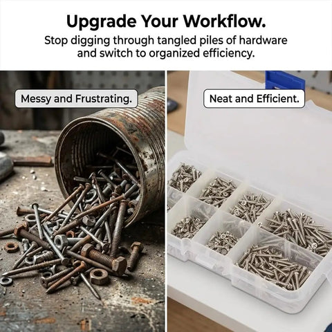 Top Tier M2 Stainless Steel Screws Assortment Kit With Phillips Head Fasteners organized in a tidy container beside messy screws.