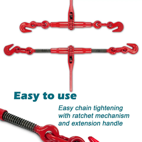 4 Pack Ratchet Chain Binder Set 5/16 In To 3/8 In With 5400 Lbs Working Load Limit, top view showing red finish and mechanism