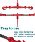 Heavy Duty 3/8 to 1/2 Inch Grade 70 Transport Chain Set With Binders and 10 Ft Chains, 6600 LBS Safe Working Load, red ratchet binders