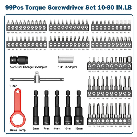 Torque Screwdriver Set 10 To 80 In Lb, 99 Piece Precision Kit With T Bar And 1/4 Inch Quick Change Adapter displayed
