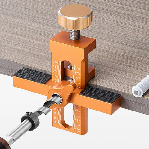 No Sweat Heavy Duty Adjustable Cabinet Door Installation Positioner With Drill Ready Aluminum Build for hinge alignment on wood.