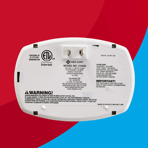Back view of Plug In Carbon Monoxide Detector Alarm With Test And Silence Button CO600 White on colorful background.