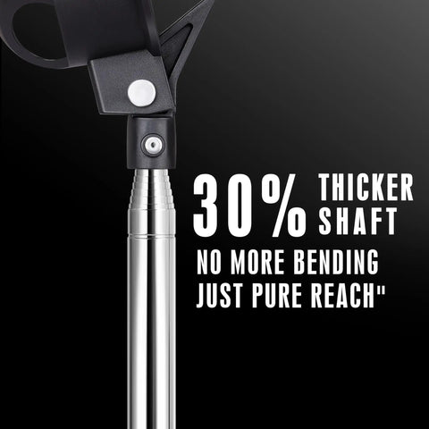 Close-up of Auto Lock Golf Ball Retriever with telescopic shaft and heavy-duty stainless steel build, focus on thicker shaft.