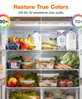 Open refrigerator showcasing fresh produce, milk, and beverages, demonstrating CRI 90+ for color quality in Soft White A15 LED Ceiling Fan Light Bulb Dimmable 60W Equivalent, Frosted, 800 Lumens, Medium Base, 2700K, 15,000 Hour Life, 2 Pack, For Ceiling Fans And Light Fixtures, Super Easy Install.