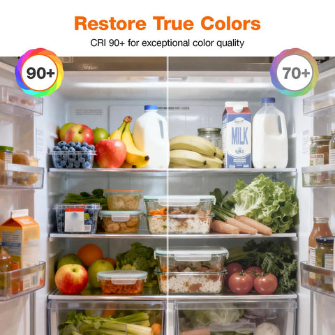 Open refrigerator showcasing fresh produce, milk, and beverages, demonstrating CRI 90+ for color quality in Soft White A15 LED Ceiling Fan Light Bulb Dimmable 60W Equivalent, Frosted, 800 Lumens, Medium Base, 2700K, 15,000 Hour Life, 2 Pack, For Ceiling Fans And Light Fixtures, Super Easy Install.