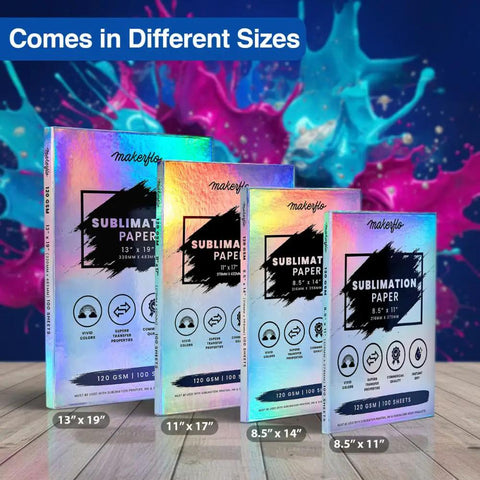 Boxes of Pro Grade Sublimation Paper 8.5 x 11 Inch 100 Sheets in different sizes on a colorful backdrop.