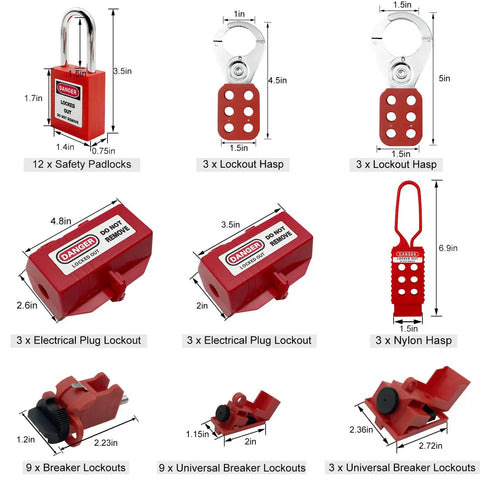 Three In One Lockout Tagout Kit For OSHA Safety Compliance with locks, hasps, plug lockouts, breaker lockouts, and pouch