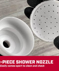 2-piece shower nozzle with removable parts for cleaning, focus on easy maintenance, shown in hands wearing gloves.