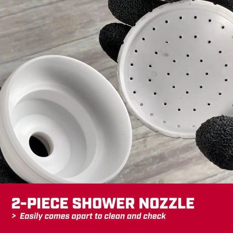 2-piece shower nozzle with removable parts for cleaning, focus on easy maintenance, shown in hands wearing gloves.