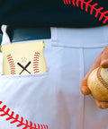 12 Pack Mini Baseball Snack Bags With Squeeze Tops Canvas Treat Bags in pocket with baseball in hand