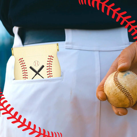 12 Pack Mini Baseball Snack Bags With Squeeze Tops Canvas Treat Bags in pocket with baseball in hand