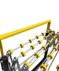 Close-up of flexible portable unpowered conveyor with ABS skate wheels, adjustable frame, and yellow handle.