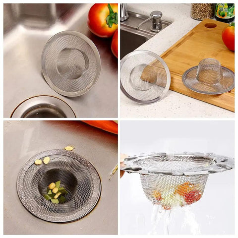 Heavy Duty Stainless Steel Mesh Sink Strainer Set Of Ten in kitchen sink catching food and debris between tomatoes.
