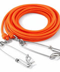Spearfishing Float Line 100 Ft Orange Foam Filled Braided Polypropylene Tow Rope Pro Grade One Quarter Inch Diameter With Five Point Nine Inch Rotating Stainless Clamps And Stainless Hooks, coiled with metal hooks