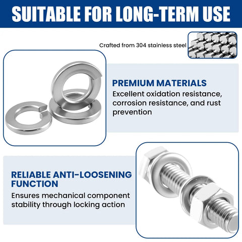 Heavy Duty Stainless Steel Lock Washers Kit 150 Pcs 18 8 304 Grade Spring Lock Washers Assortment For Auto DIY Marine Use Rust Resistant Built To Last Hardware Great For Home And Workshop Projects, 304 stainless lock washers on bolt
